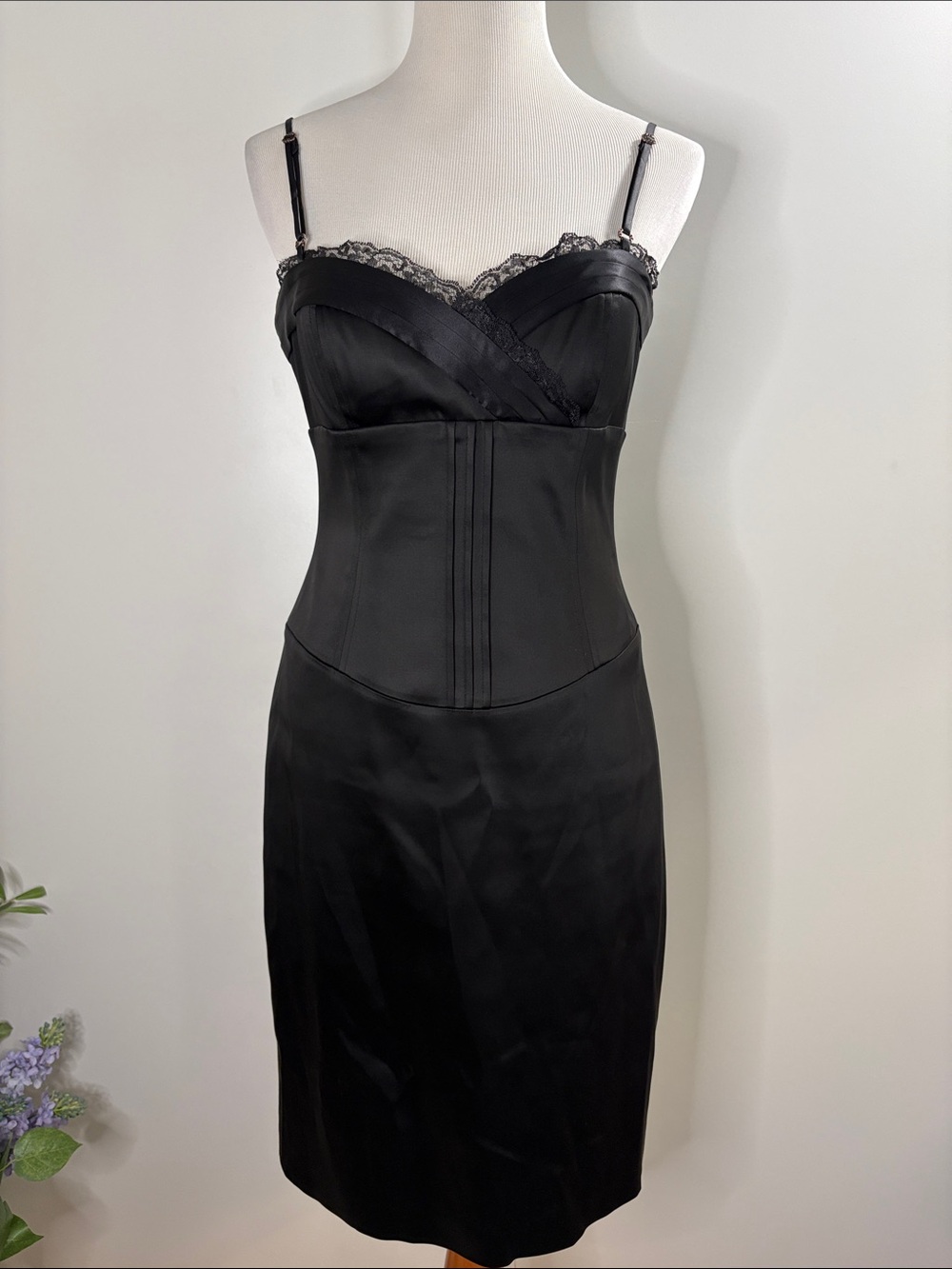 Laundry by Shelli Segal Black Bustier Lace Satin Midi Dress 8